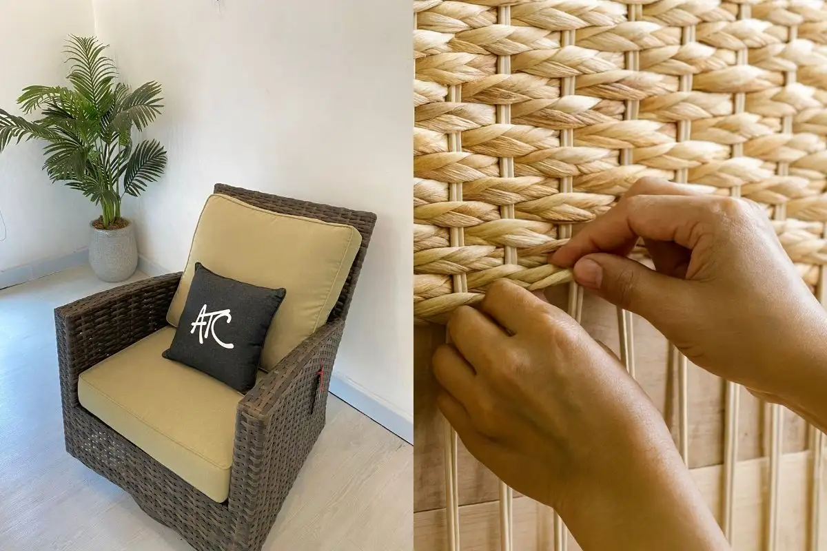 Handcrafted rattan armchair with beige cushions and close-up of artisan weaving natural fibers.