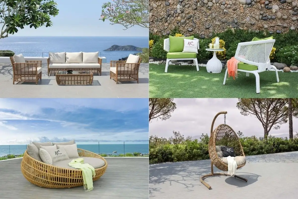Outdoor rattan furniture collection including sofa set, garden chairs, round daybed, and hanging egg chair.