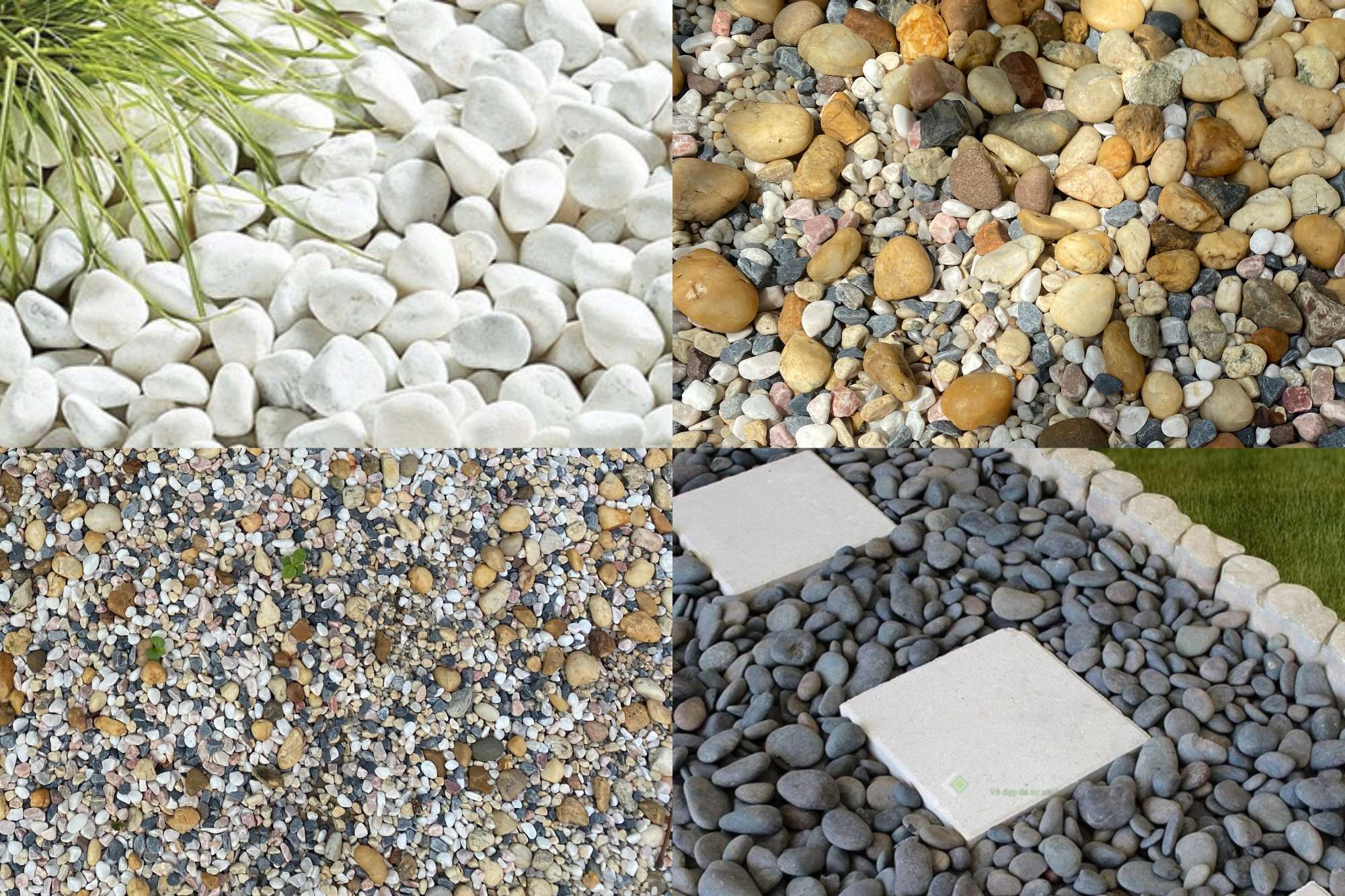 Collage showing common garden gravel types, including white pebbles, mixed river stones, and gray stepping stone gravel.