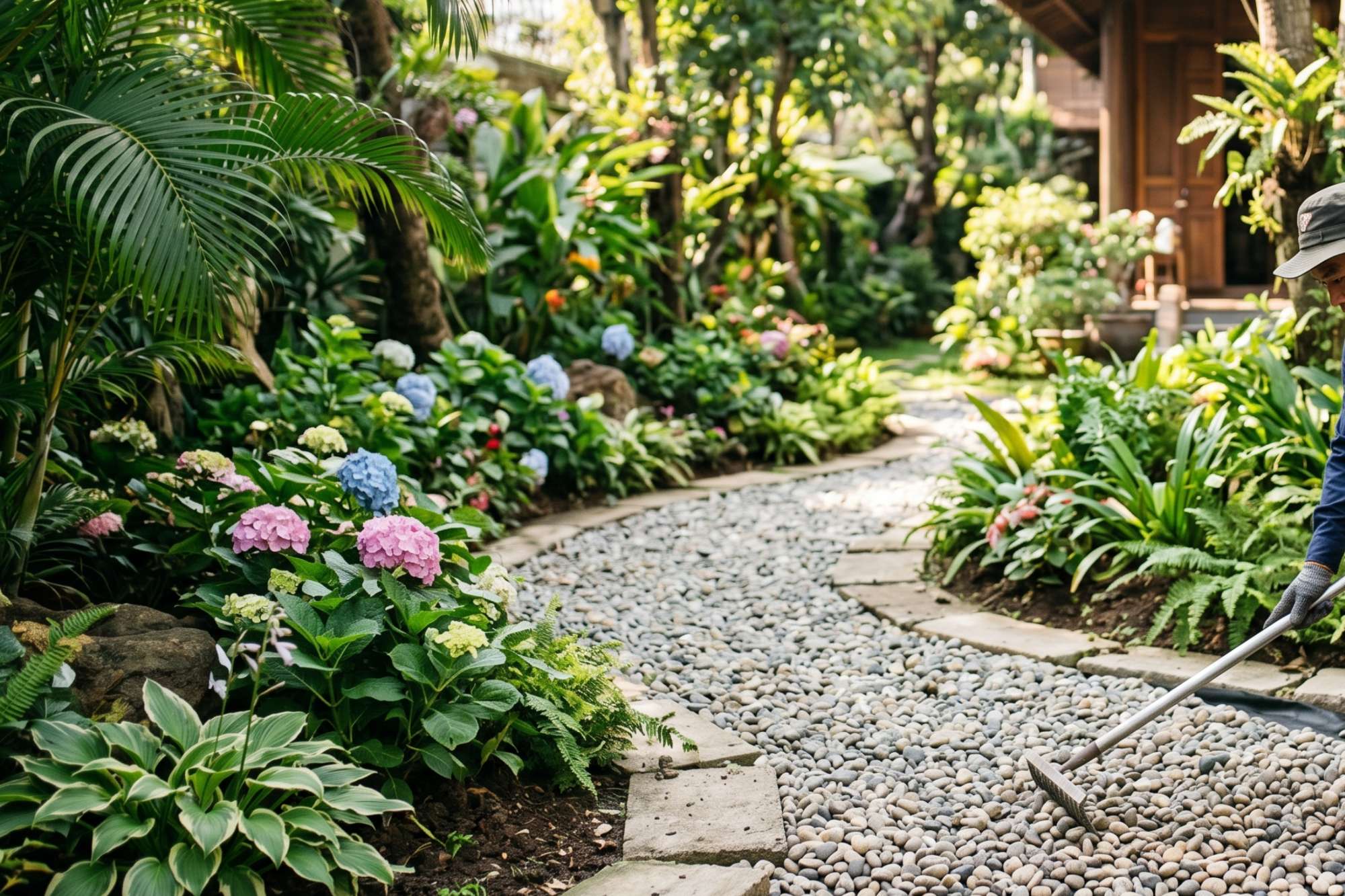 Garden gravel pathway being leveled with a rake among tropical plants and colorful flowers.