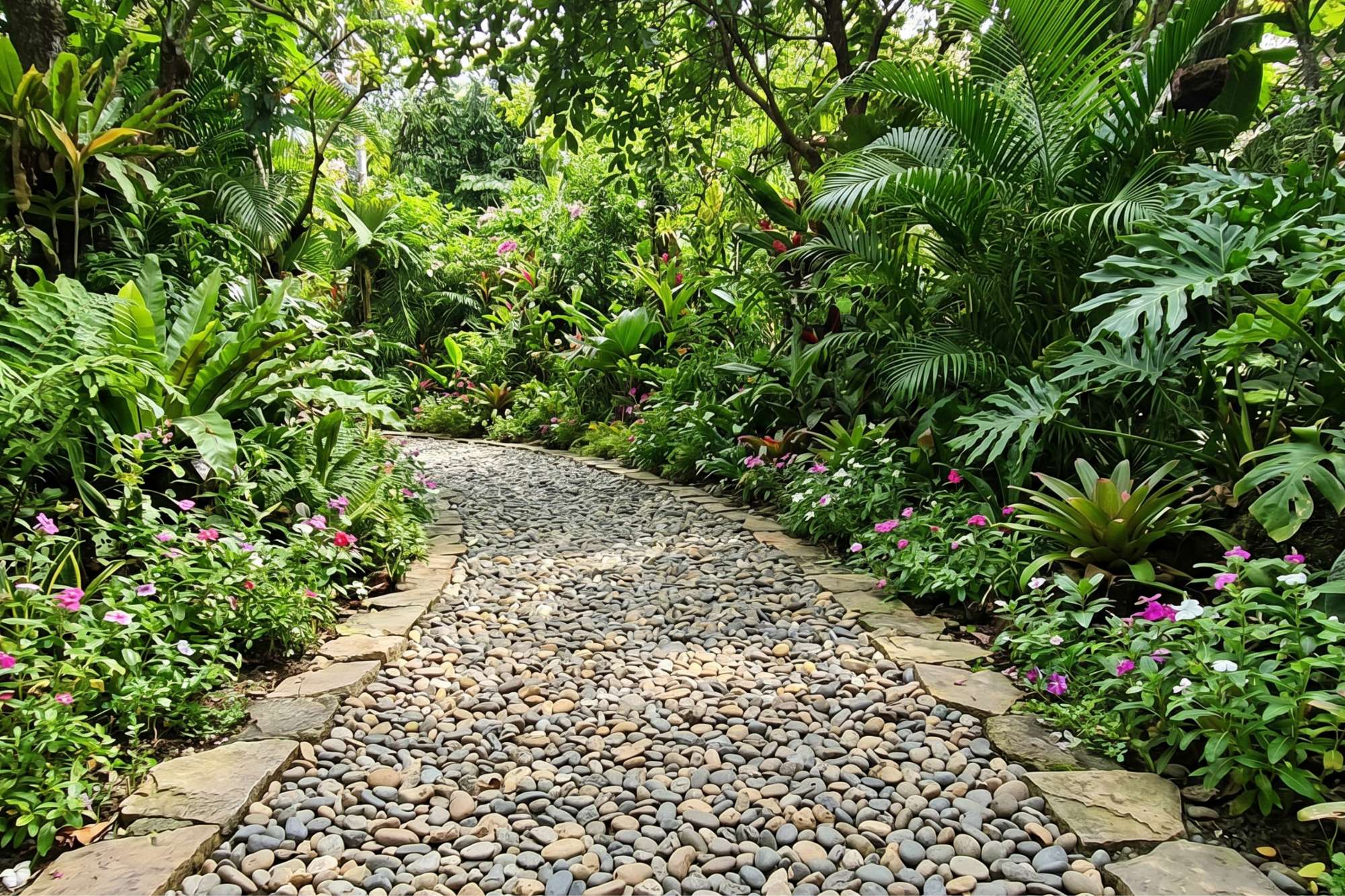 Finished gravel garden path with stone borders, tropical plants, and colorful flowers.