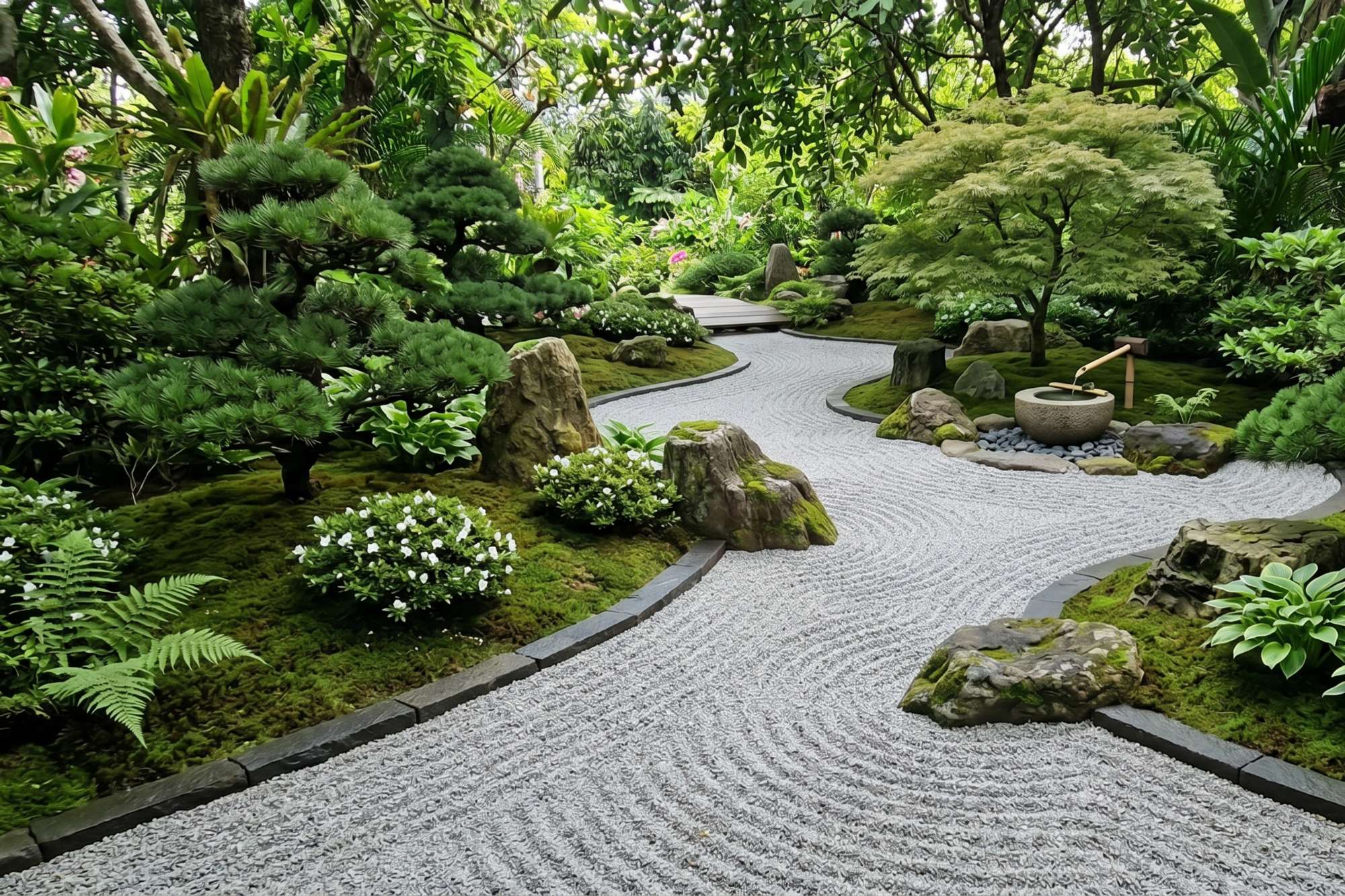 Japanese-style gravel garden with raked white stones, moss, rocks, and lush green plants.