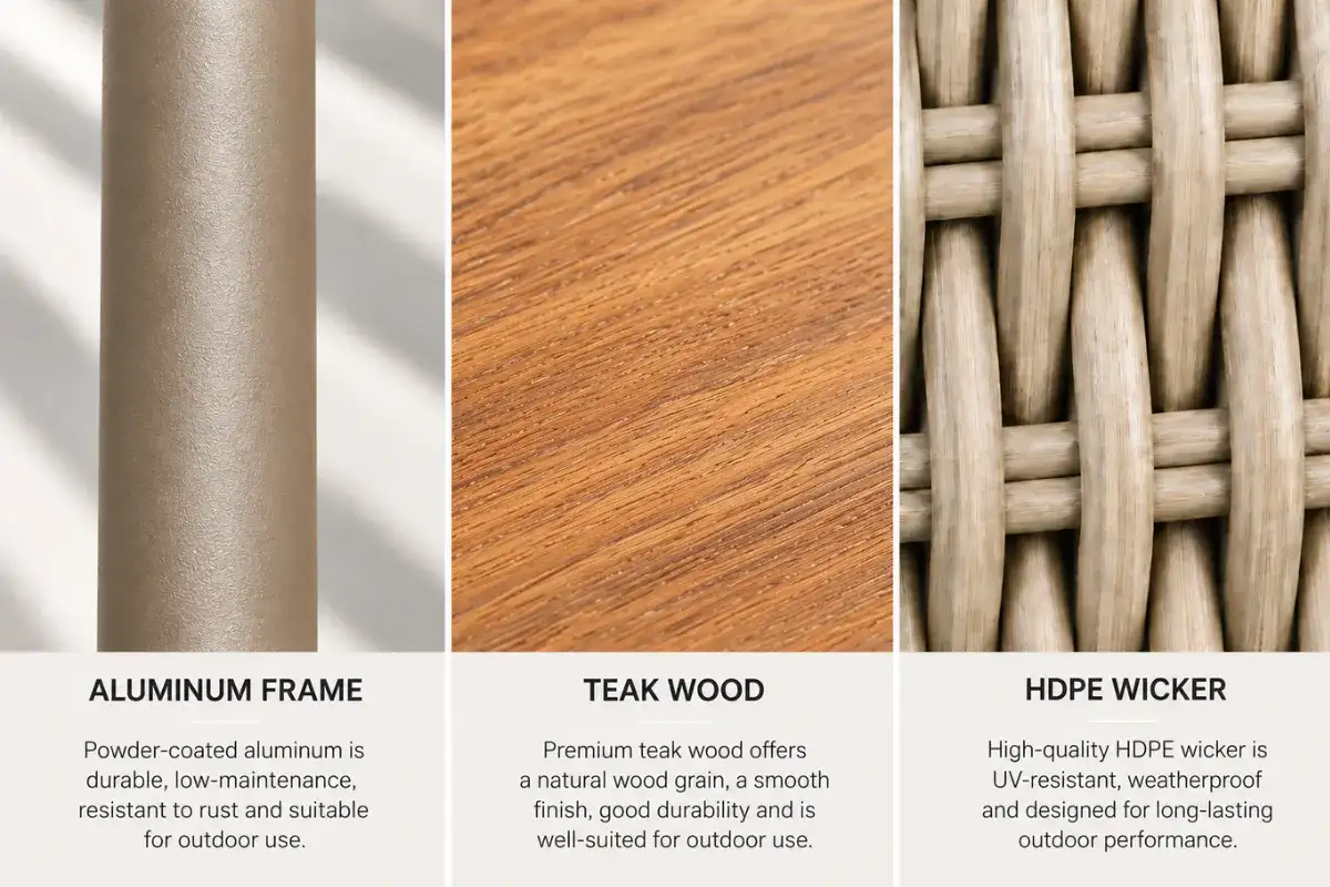 Close-up comparison of powder-coated aluminum, teak wood and HDPE wicker finishes