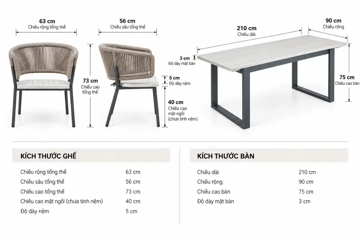 Kích thước ghế và bàn ăn ngoài trời cho nhà hàng để đánh giá khả năng kết hợp