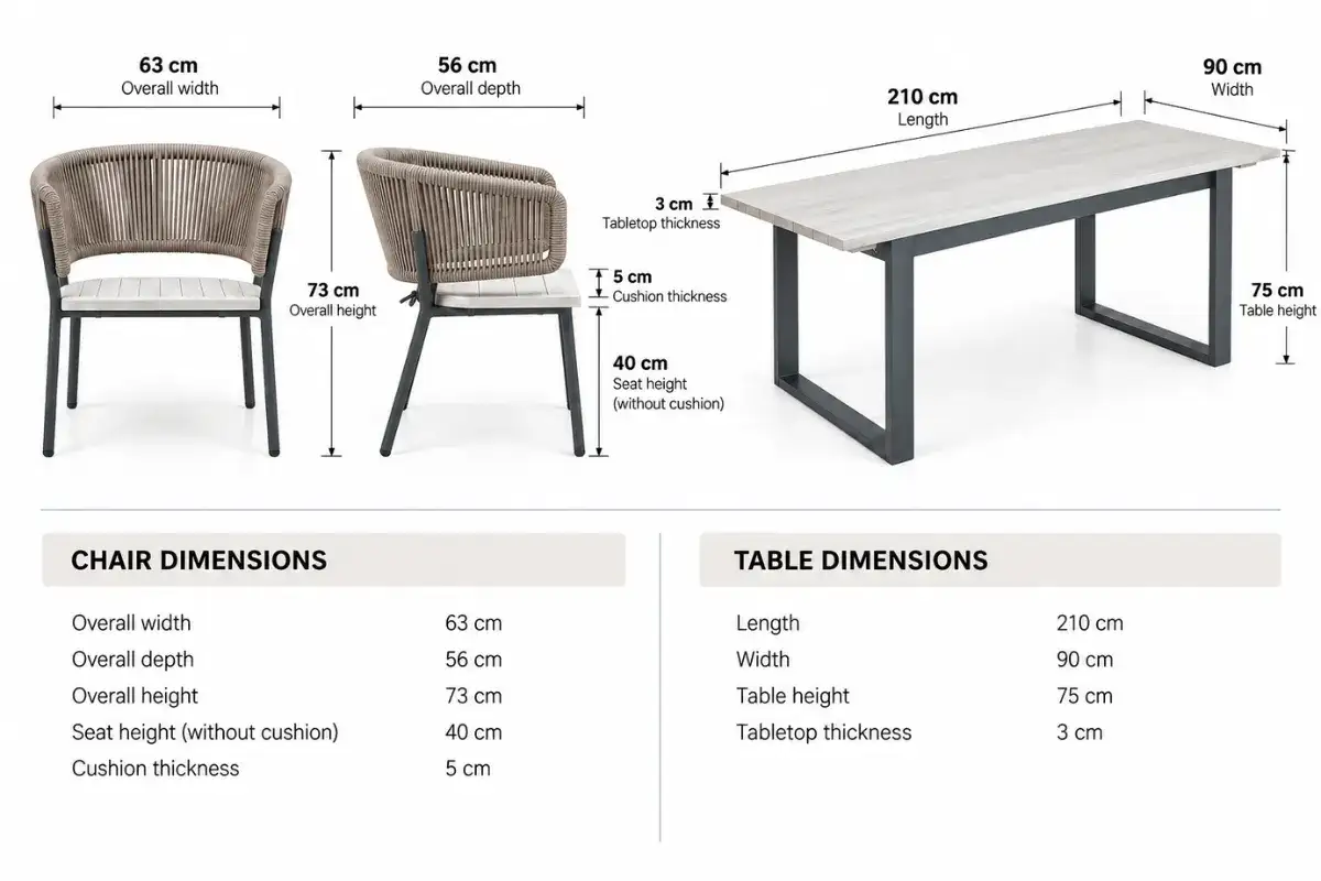 Commercial outdoor dining chair and table dimensions for compatibility planning
