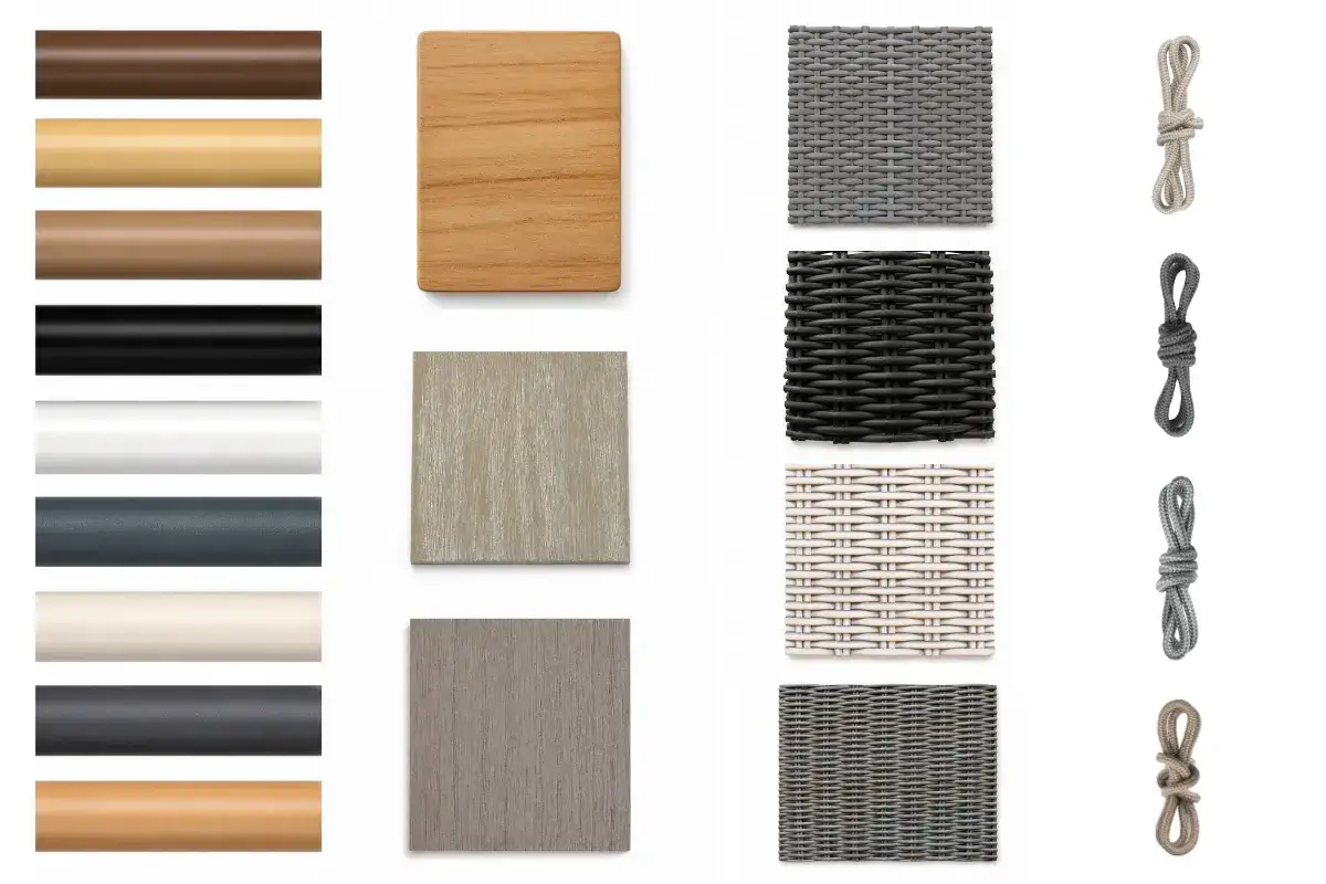 Outdoor furniture material options including aluminum, wood, HDPE wicker, and rope