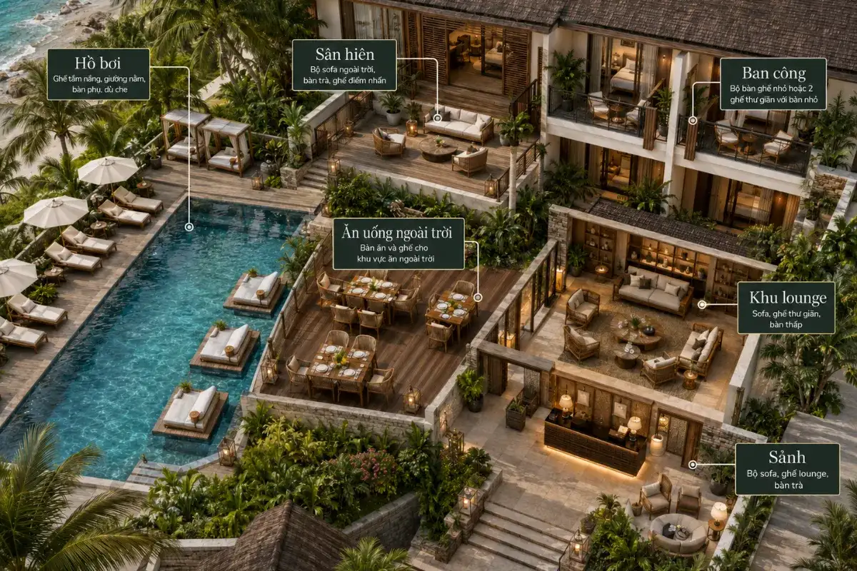 Bố trí bàn ghế theo khu vực hồ bơi, sân hiên, khu ăn uống, ban công, lounge và sảnh