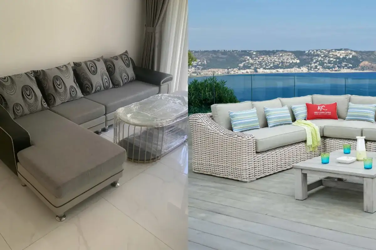 Residential sectional sofa compared with commercial outdoor wicker seating for hotels and resorts