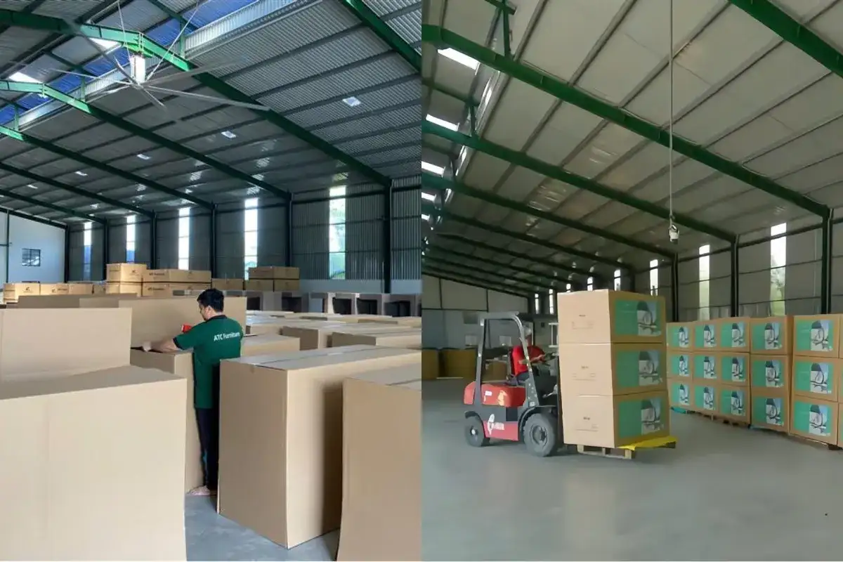 ATC Furniture warehouse operations with product packaging and export preparation