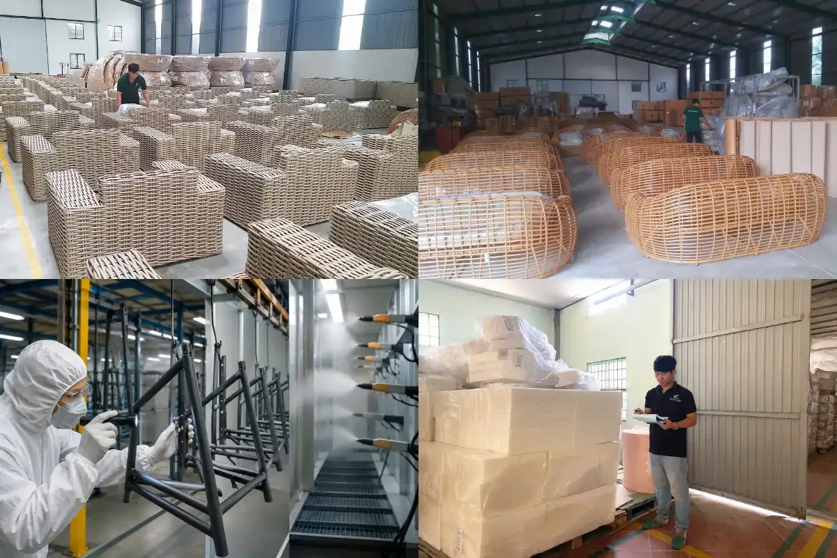 Outdoor furniture manufacturing, quality control, and packaging processes at a supplier factory