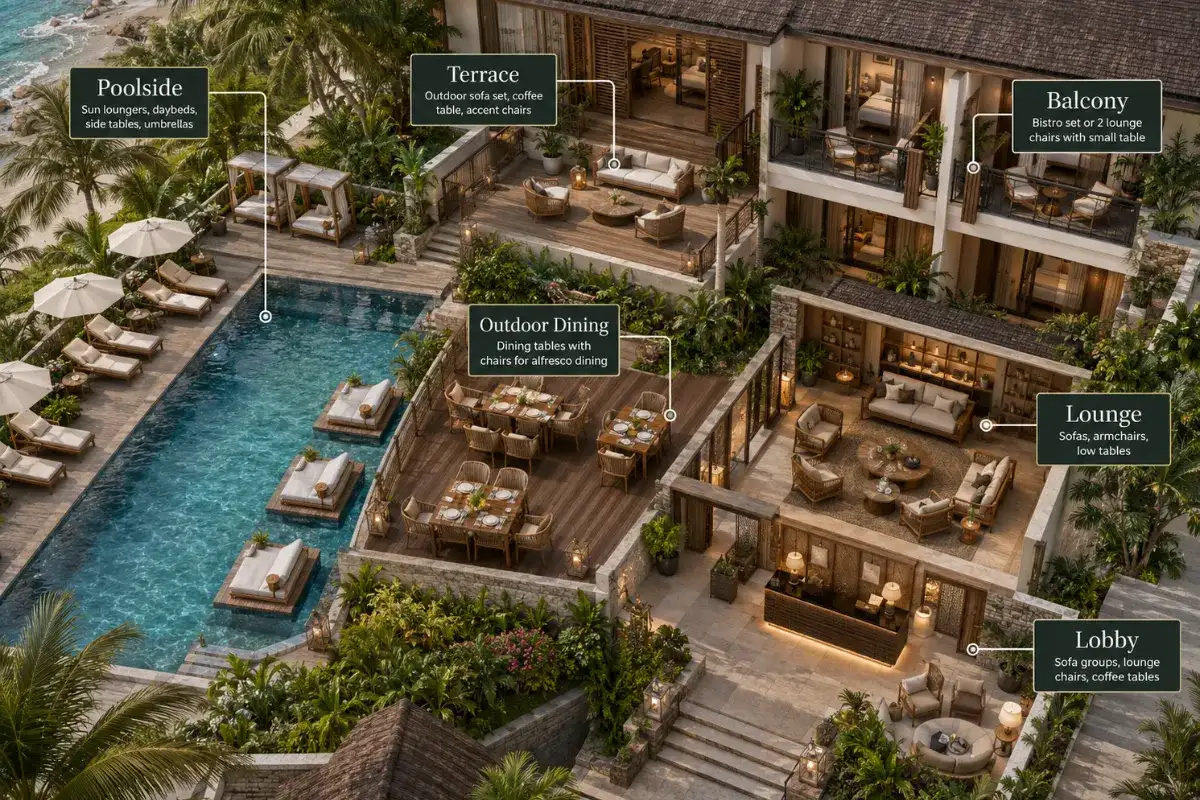 Hospitality outdoor furniture planned by poolside, terrace, dining, balcony, lounge, and lobby areas