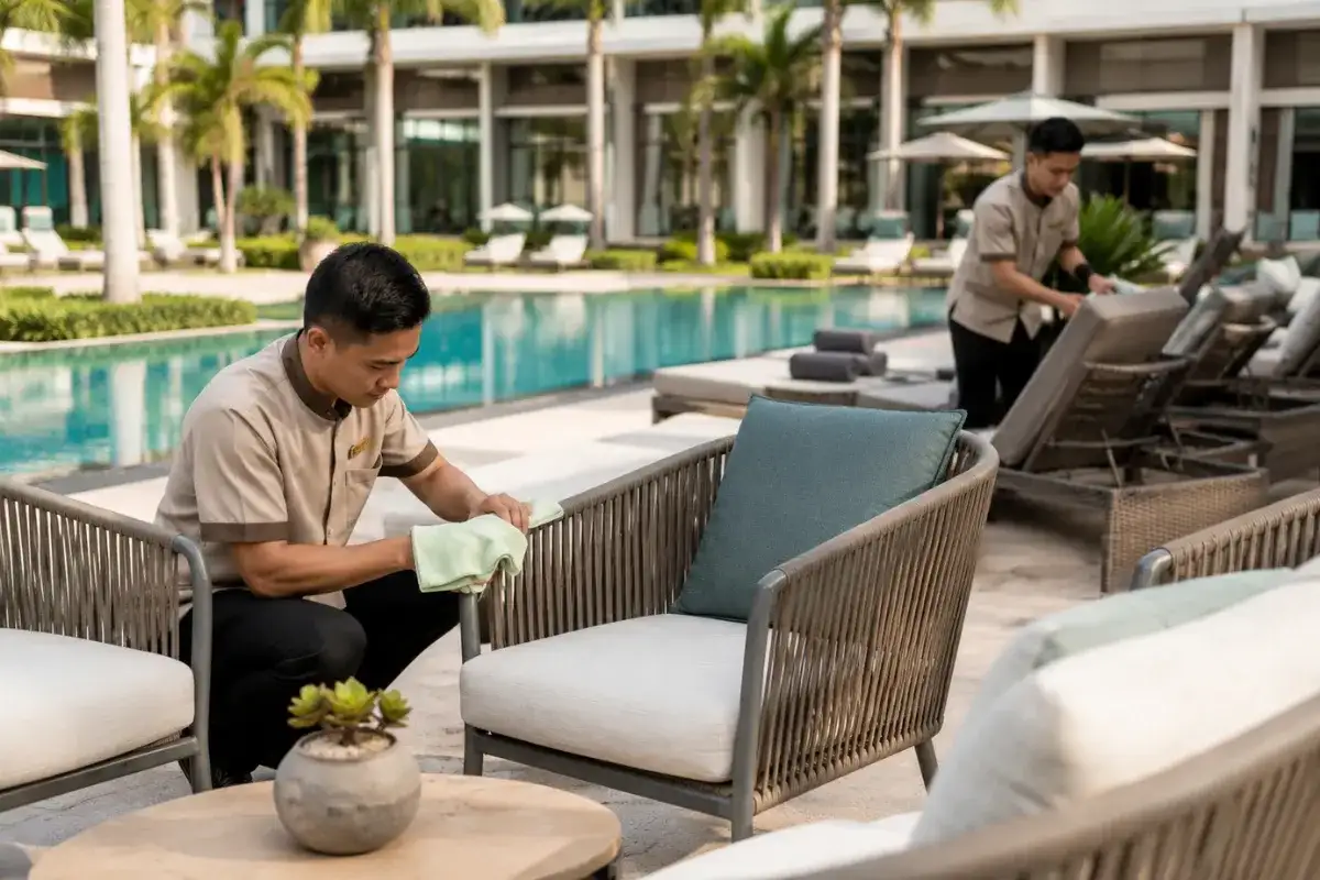 Hotel staff cleaning outdoor chairs beside a resort swimming pool