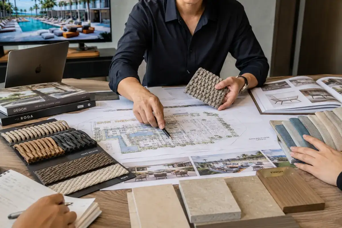 Hospitality project planning with outdoor furniture material samples and design specifications