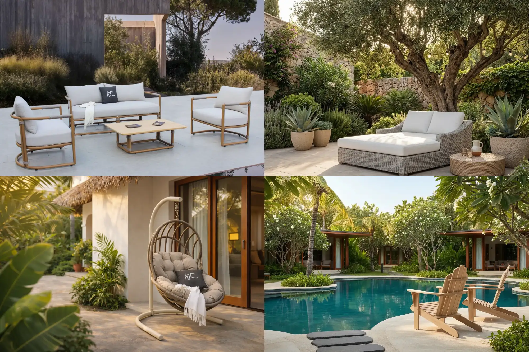 Ảnh ghép các ý tưởng trang trí cây cảnh ngoài sân với sofa, ghế thư giãn, xích đu và cây xanh nhiệt đới.