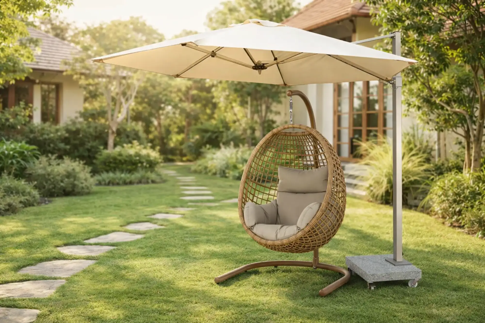 Ghế xích đu ngoài trời đặt dưới dù lớn trong khu vườn xanh với lối đi đá bước.