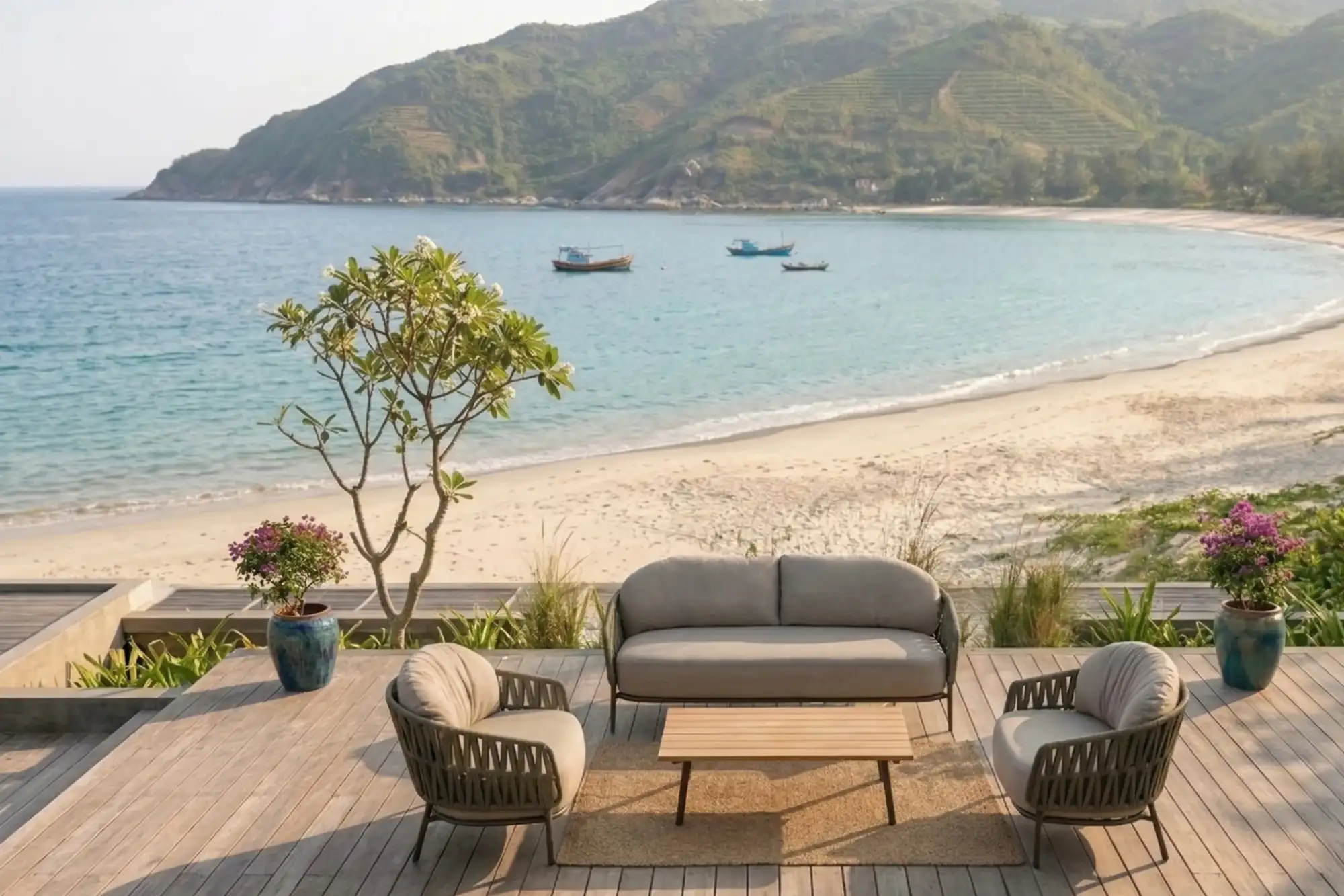 Khu vực ngồi ngoài trời ven biển với cây chủ đạo, bộ sofa, chậu hoa và tầm nhìn ra biển.