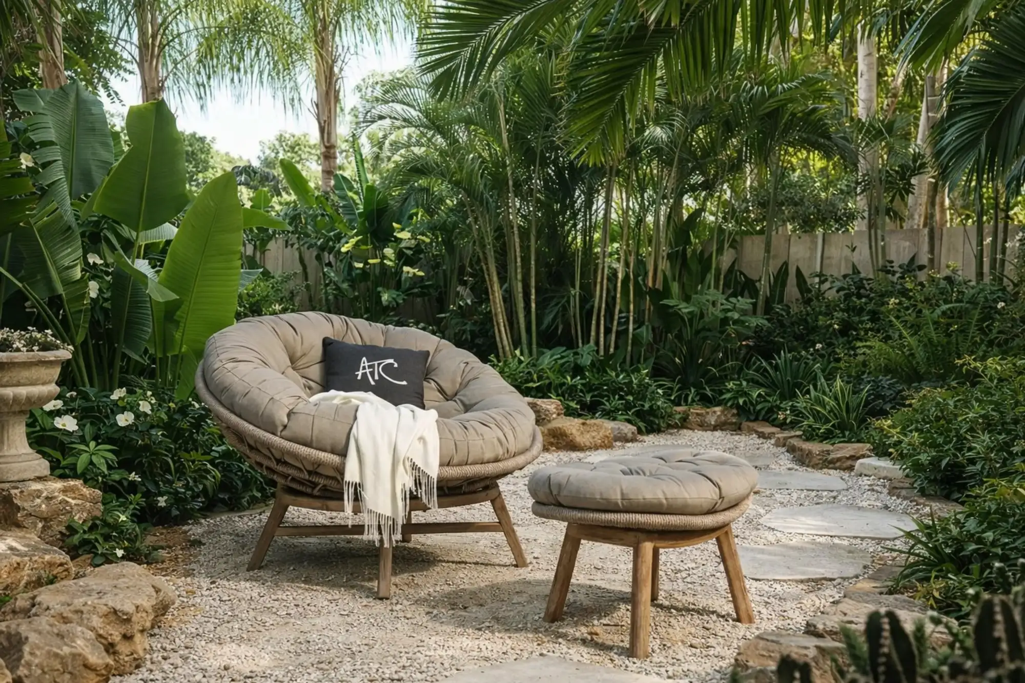 Ghế papasan ngoài trời kèm ghế gác chân, bao quanh bởi cây nhiệt đới, sỏi và đá bước.