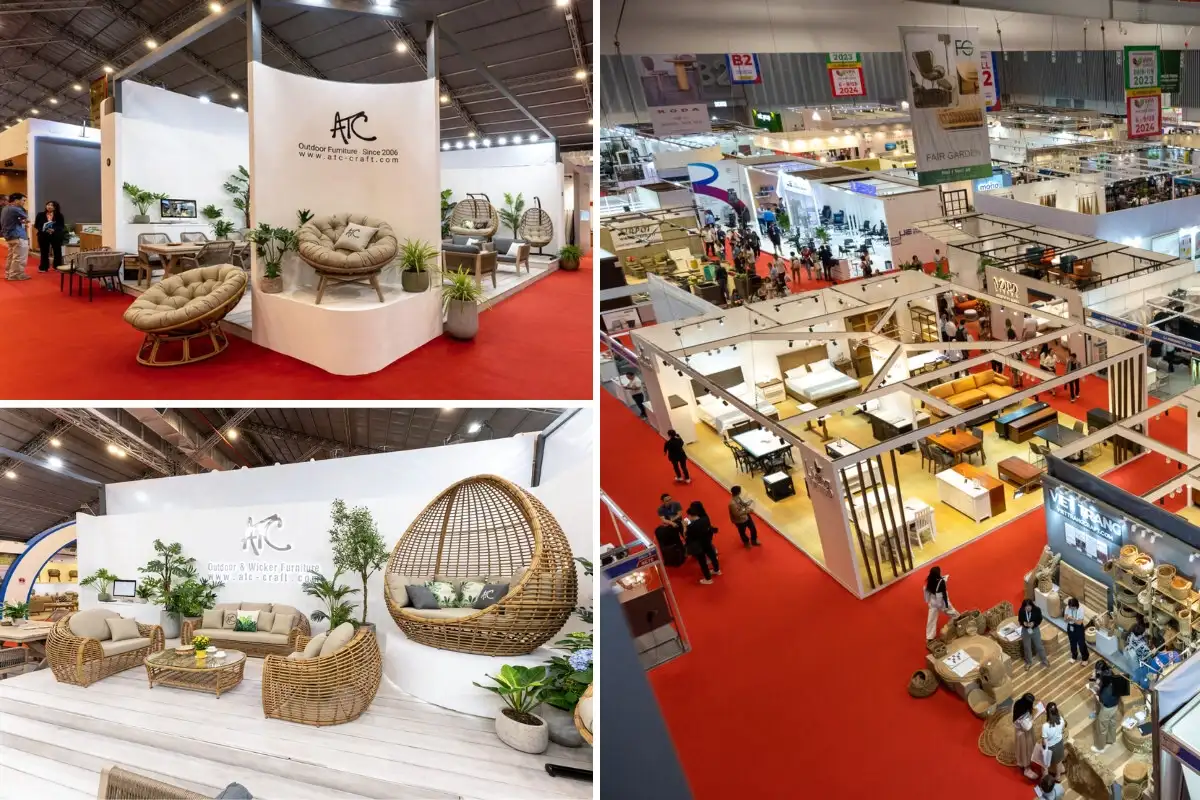 Wide view of a furniture exhibition area with multiple display booths