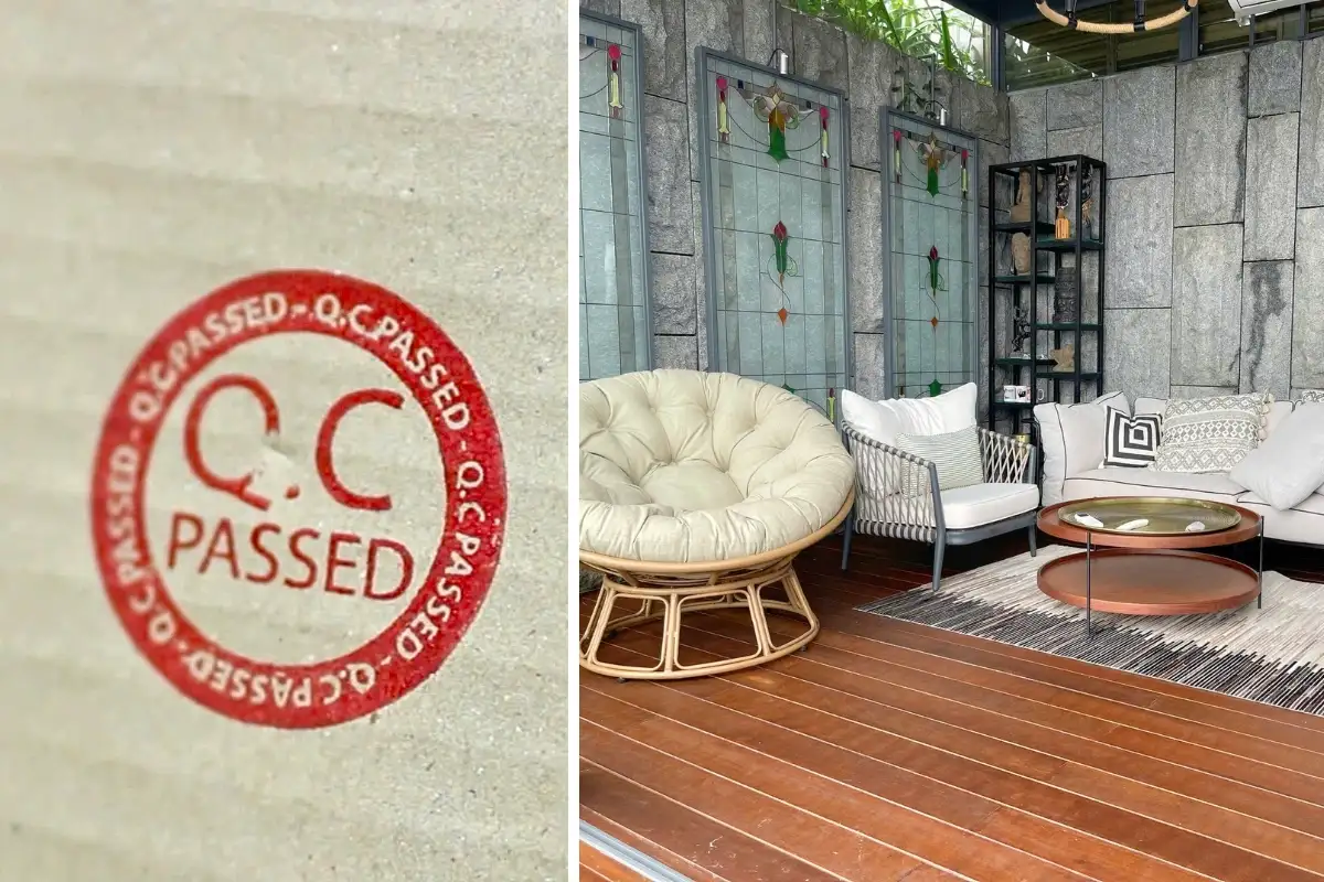 Quality control label with "QC Passed" stamp and a corner of finished furniture on display