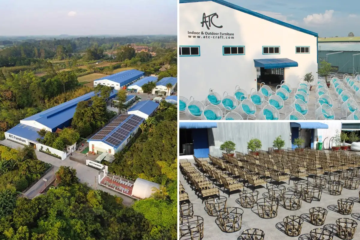 Wide view of the factory and production area with hundreds of neatly arranged products outdoors