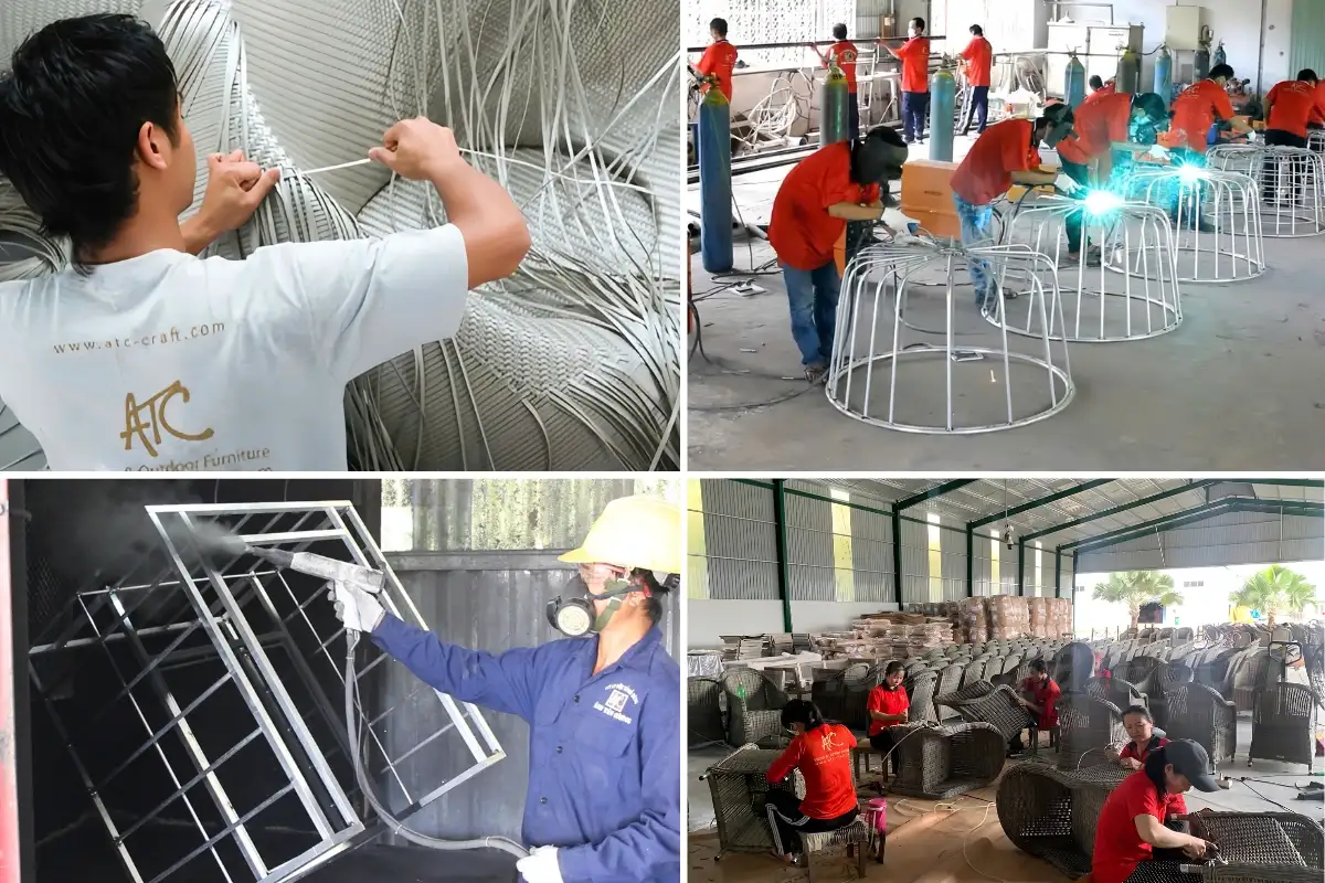 Handmade production process from welded frames and powder coating to hand weaving