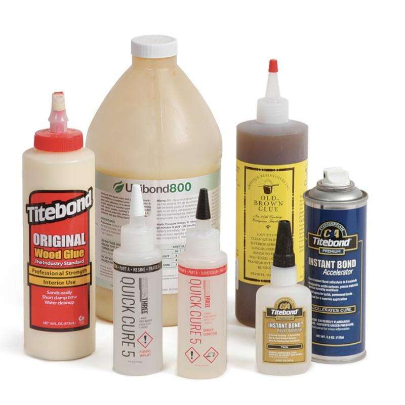 Various popular types of glue including Titebond wood glue, Quick Cure, and other adhesive products