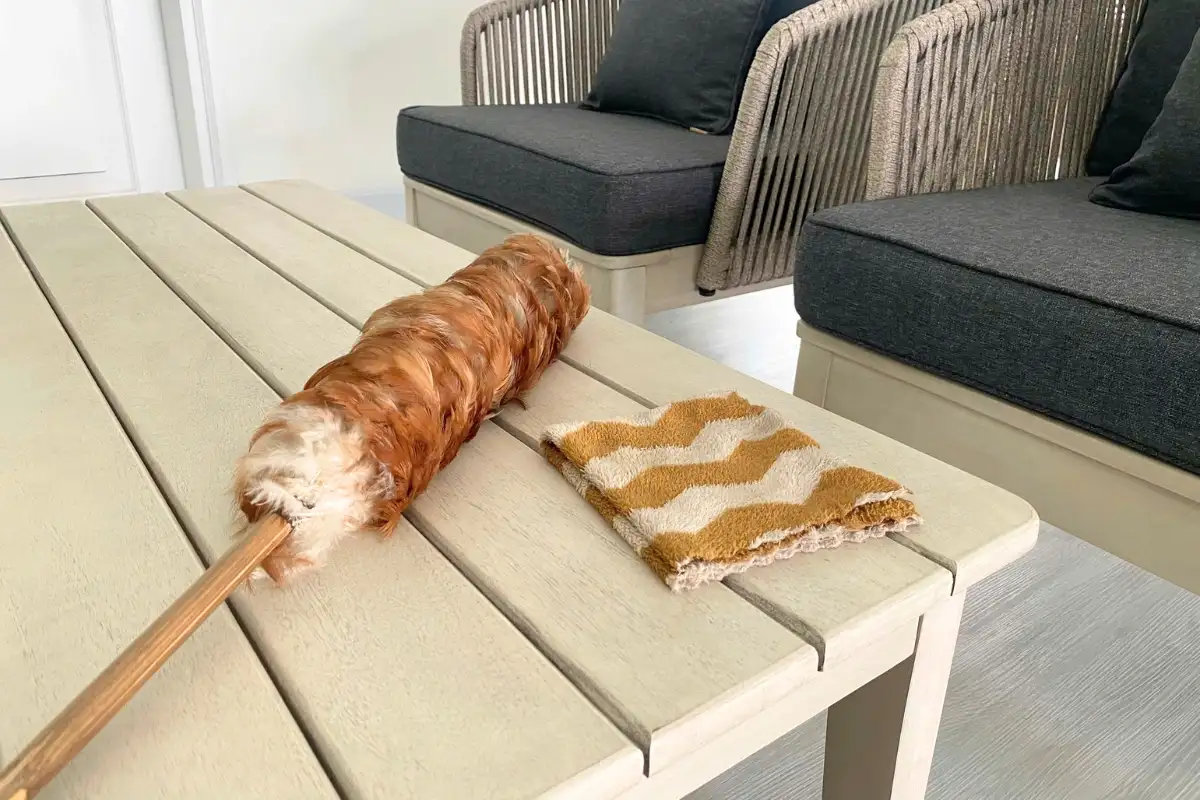 Brush and cloth used for cleaning the surface of a teak table.