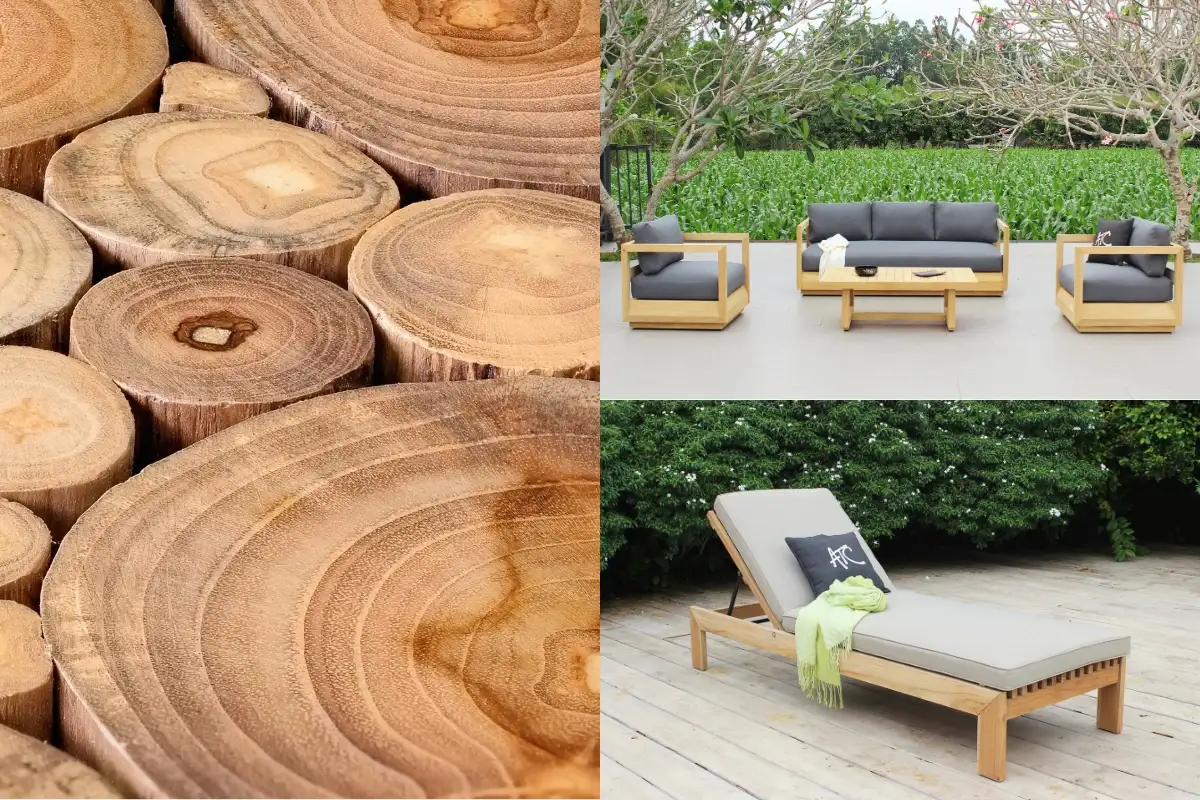 Close-up of teak wood grain and outdoor teak furniture including sofas, coffee tables, and lounge chairs.
