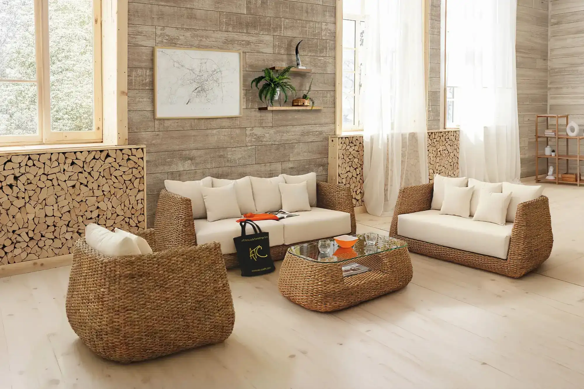 Water hyacinth SERENE seating set with armchairs, sofa, and coffee table displayed in a bright and understated interior. text Sao chép mã