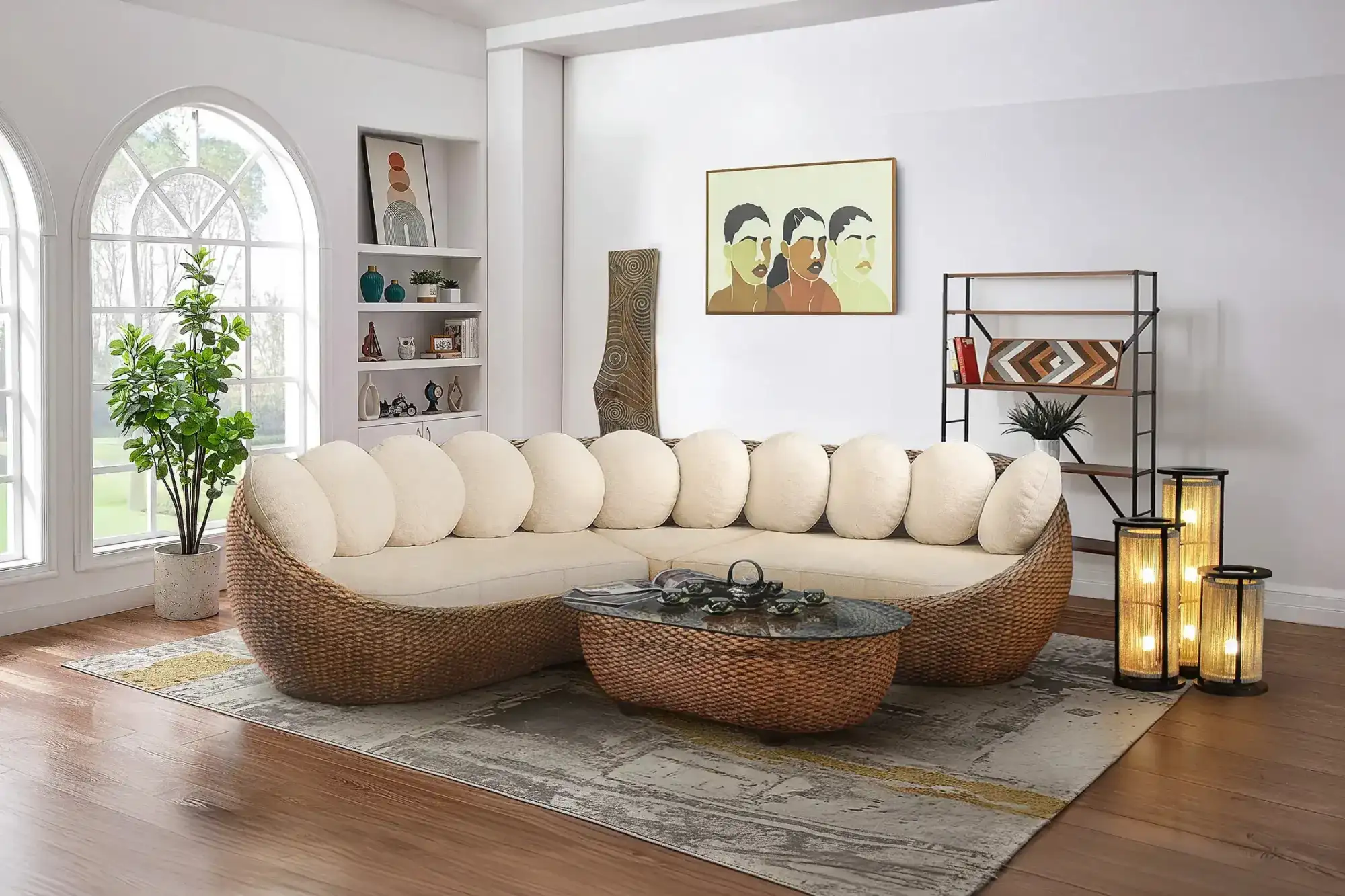 TERRA water hyacinth sectional sofa with rounded form and thick cushions, placed in a bright living space with natural light.