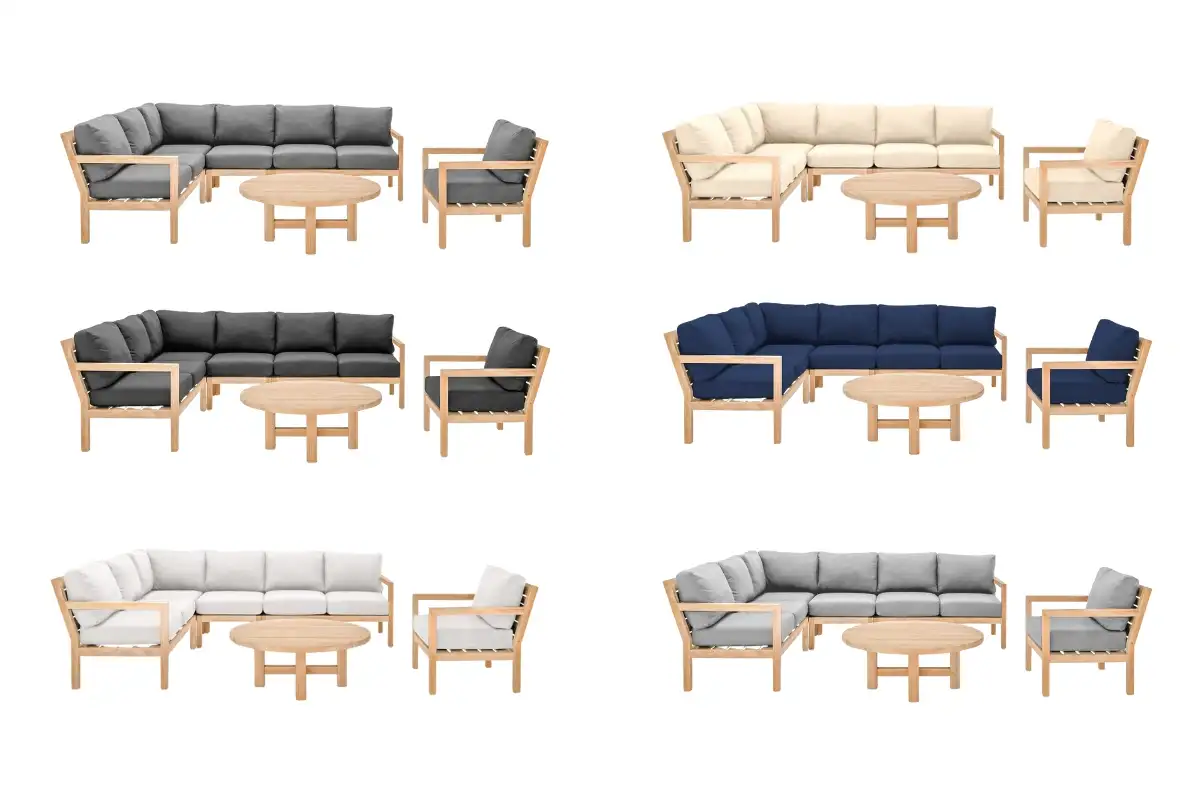 Bộ sưu tập sofa ngoài trời làm từ gỗ teak, bao gồm ghế góc, bàn cà phê và ghế bành với nhiều màu sắc khác nhau