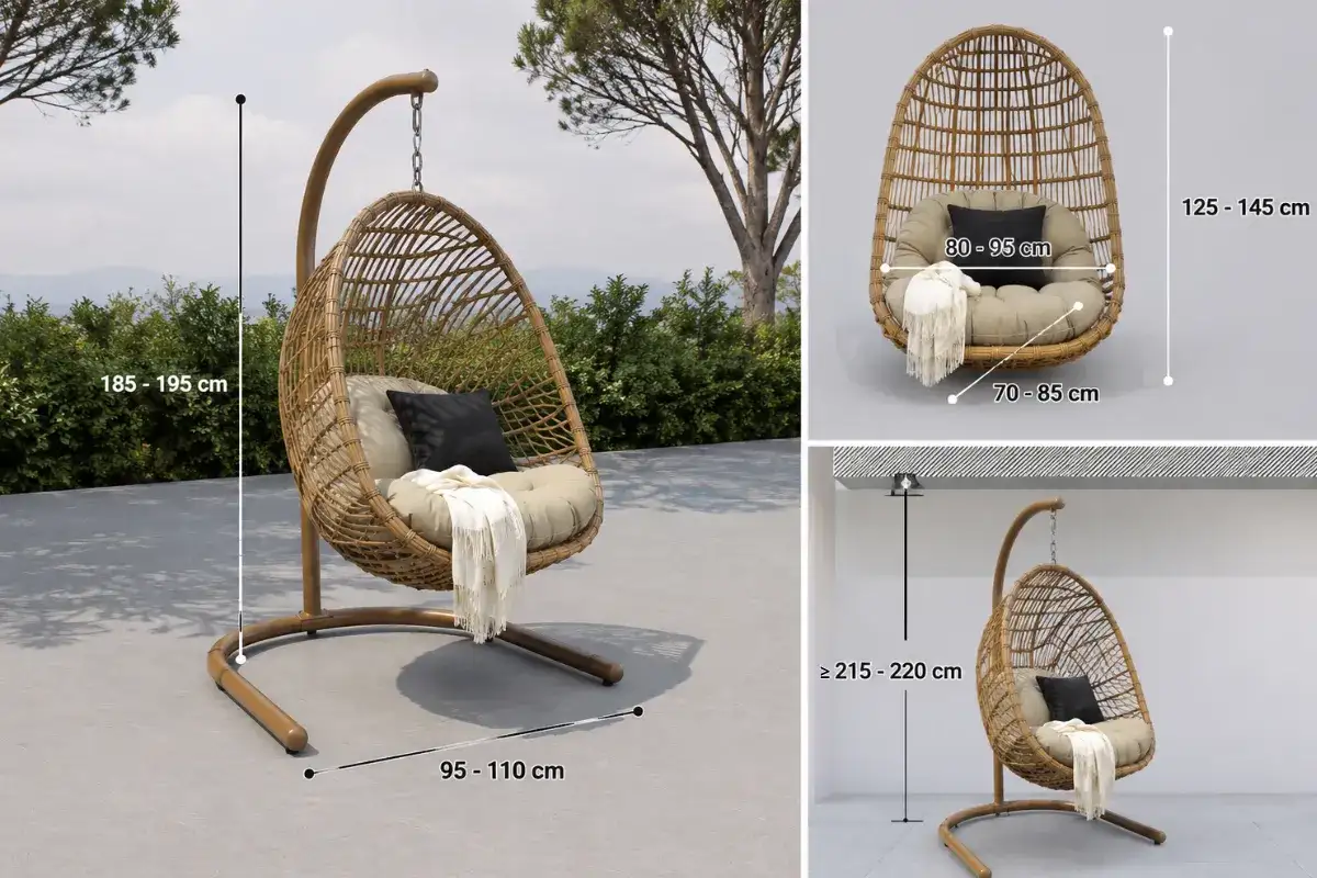 Single outdoor wicker swing chair with standard height, base width, seat depth, and ceiling clearance measurements