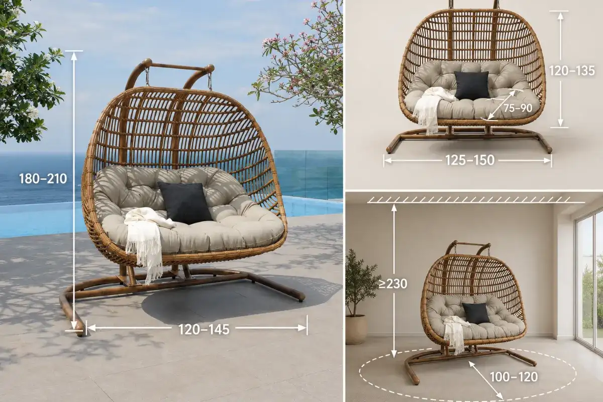 Double outdoor wicker swing chair for 2 to 3 people with standard height, base width, seat width, seat depth, and installation clearance measurements