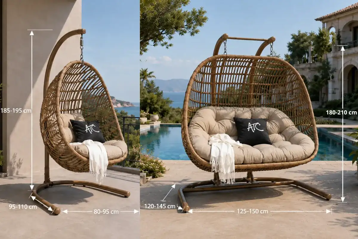 Single and double outdoor wicker swing chairs with standard size measurements for garden and villa spaces