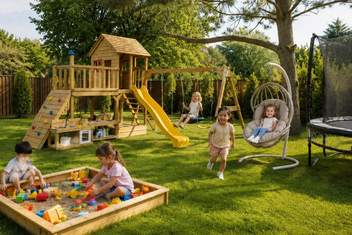 Khu vui chơi trẻ em ngoài trời với ghế xích đu thấp, nhà gỗ, cầu trượt, hố cát và bạt nhún trong sân vườn