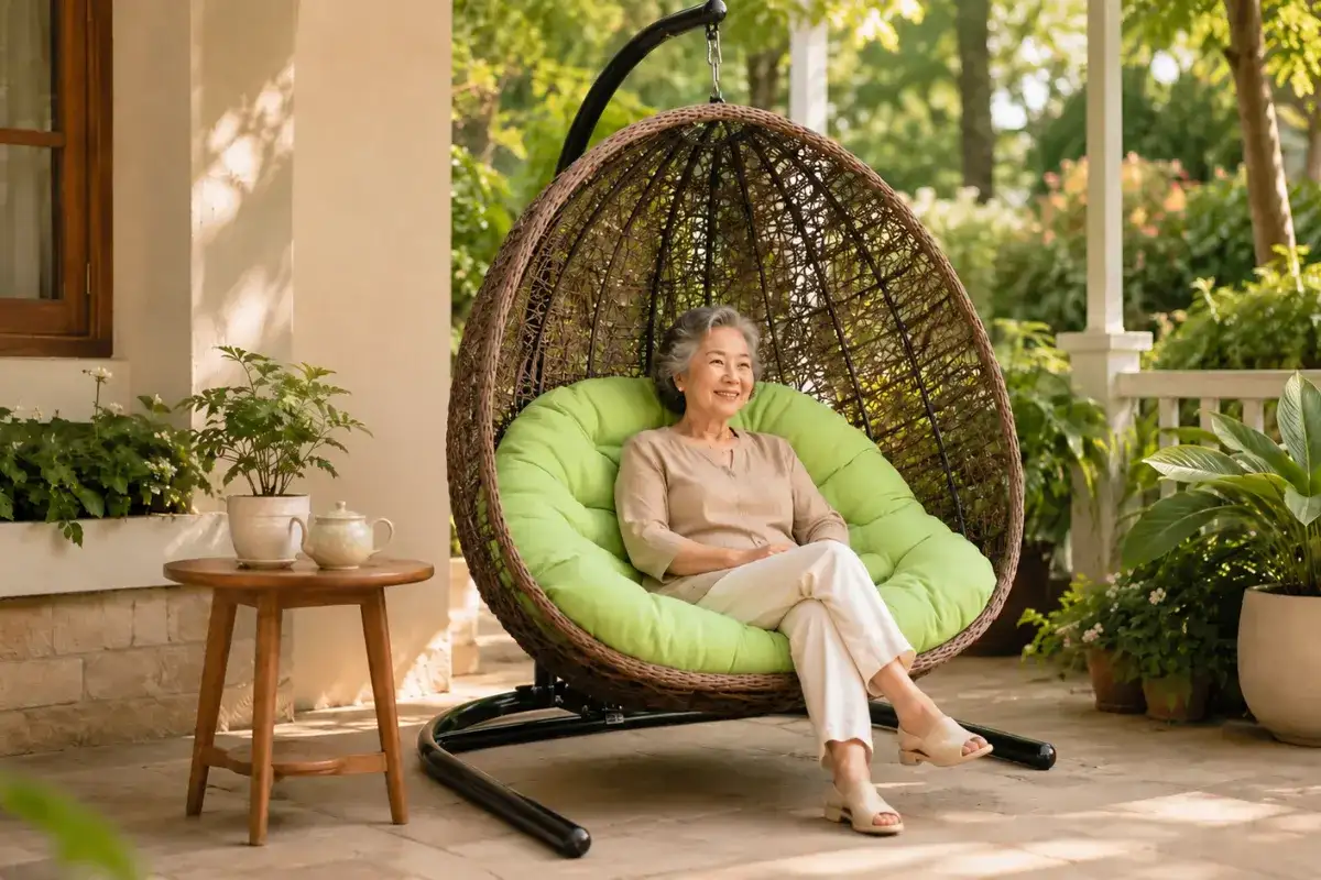 Older woman relaxing on a wicker hanging swing chair with a green cushion in a garden patio
