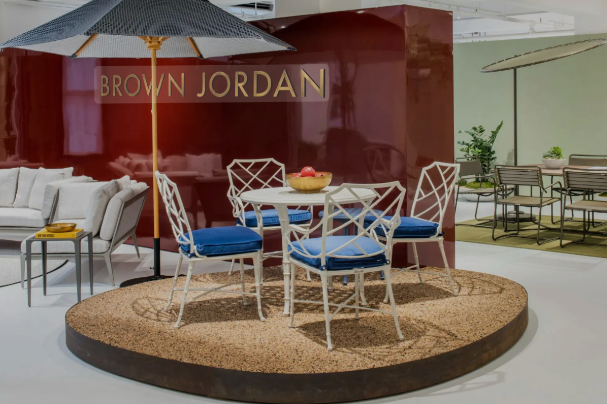 Showroom display of Brown Jordan furniture collections designed for terraces, pool decks, and modern homes