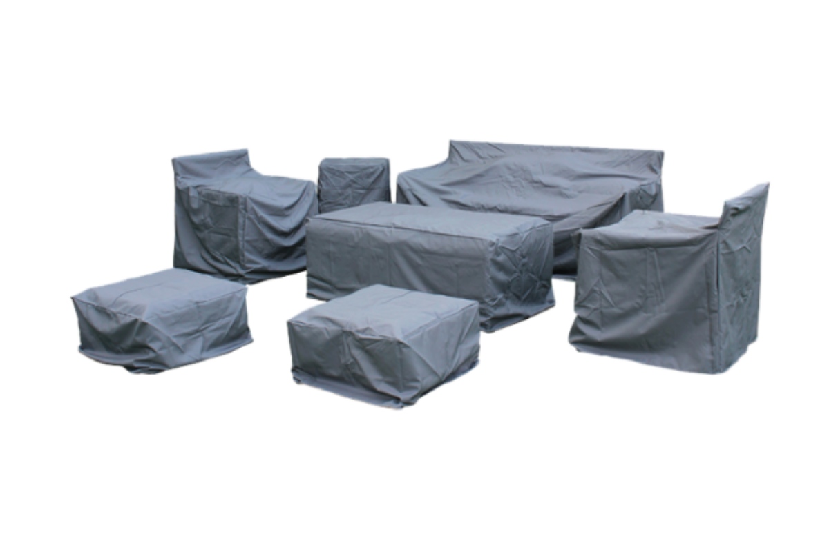 Patio seating and tables wrapped in weatherproof covers for moisture and UV resistance