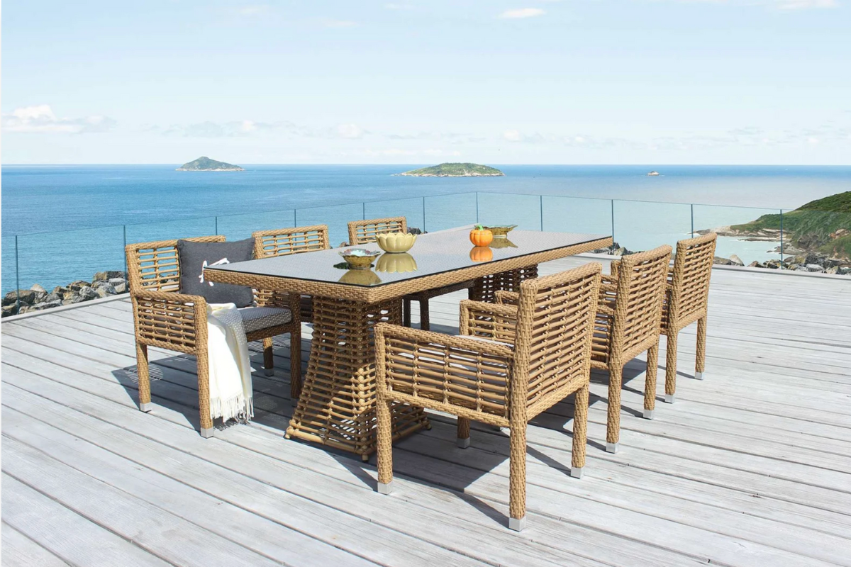 Premium outdoor dining set with weatherproof wicker chairs and spacious table for elegant alfresco living