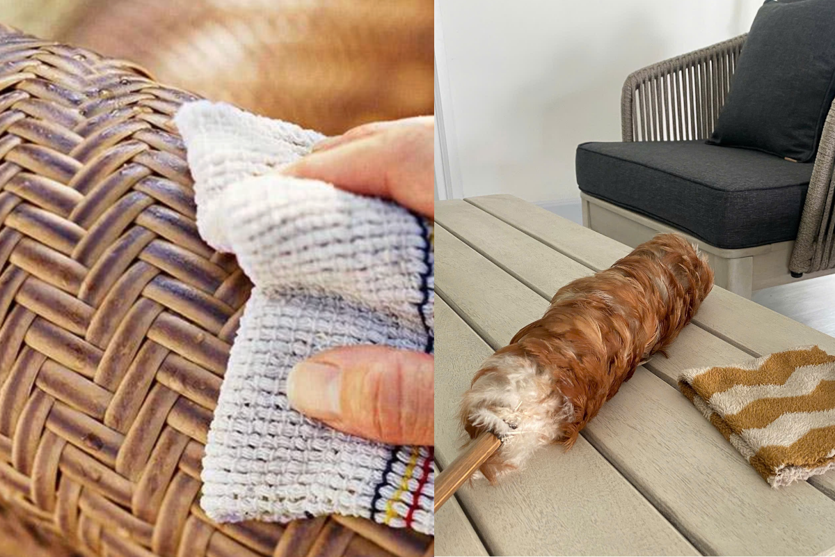 Hand wiping wicker weave and dusting synthetic outdoor furniture to preserve quality