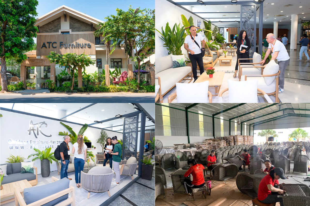 Business clients visiting ATC Furniture showroom and artisans handcrafting wicker furniture in Vietnam