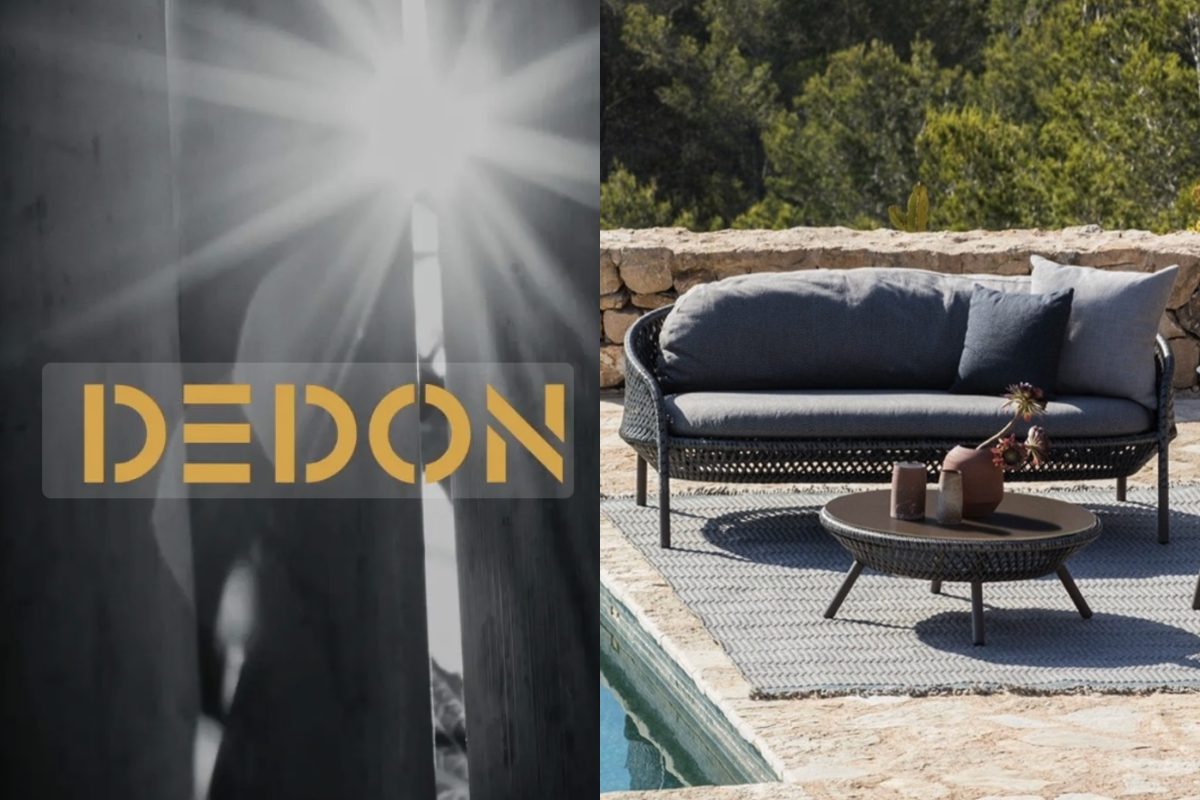 Dedon outdoor woven sofa and coffee table by the poolside, crafted with innovative all-weather fibers