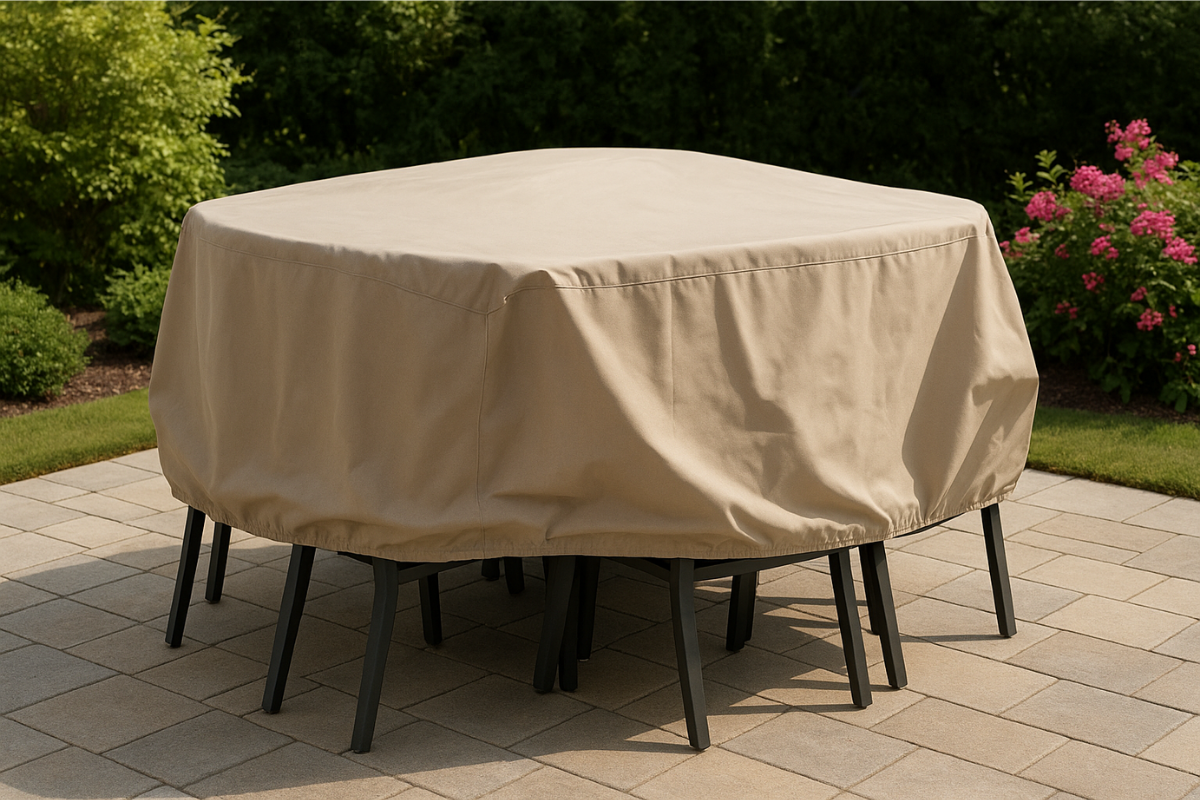 Outdoor dining set protected with beige waterproof cover during rainy season