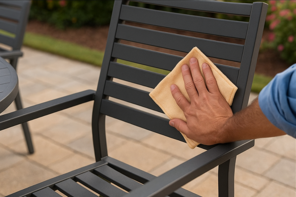 Hand cleaning aluminum outdoor chair with soft cloth to maintain durability and sleek finish