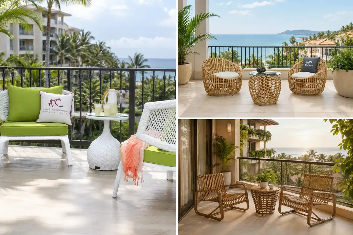 Các bộ bàn ghế ngoài trời nhỏ gọn bố trí trên ban công khách sạn và resort.