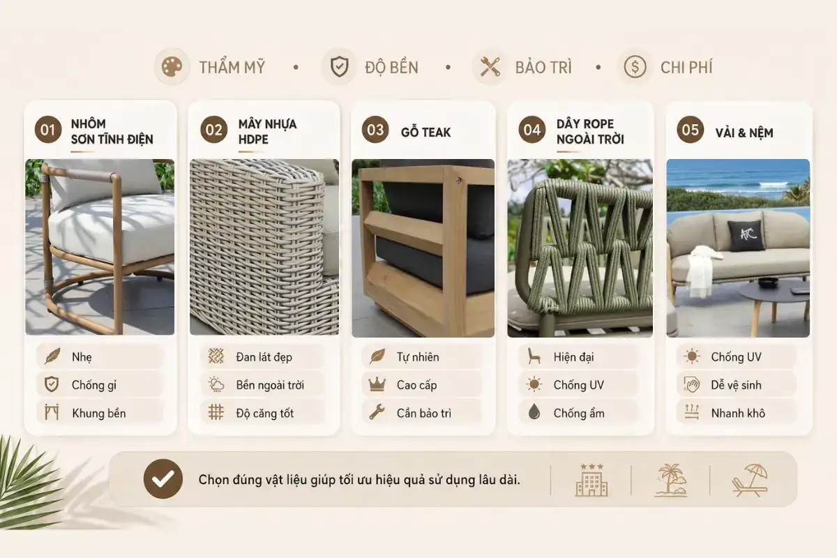 Hướng dẫn vật liệu nội thất ngoài trời gồm nhôm, mây nhựa, teak, rope và nệm ngoài trời.