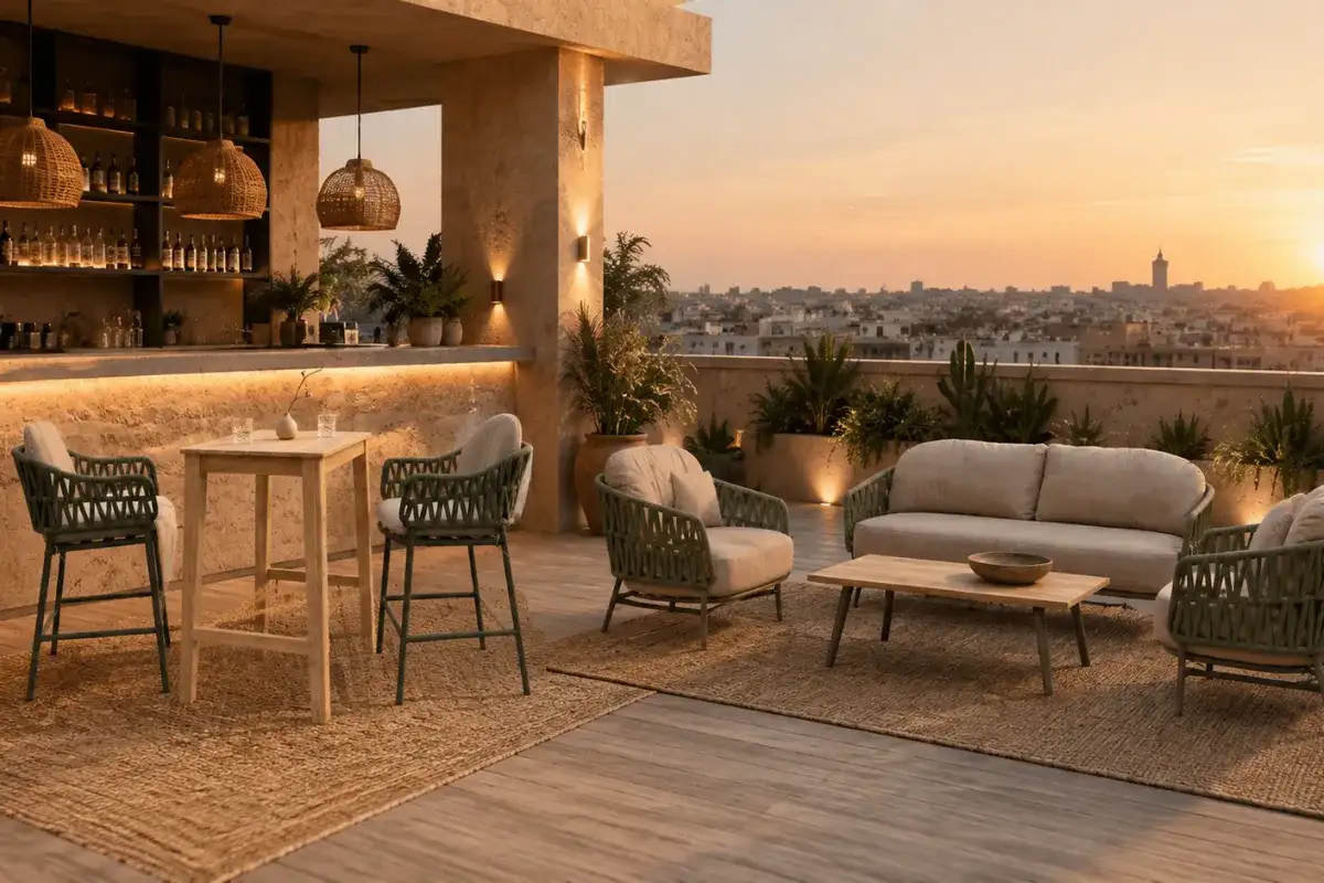 Bàn ghế bar và lounge ngoài trời cho dự án khách sạn rooftop.
