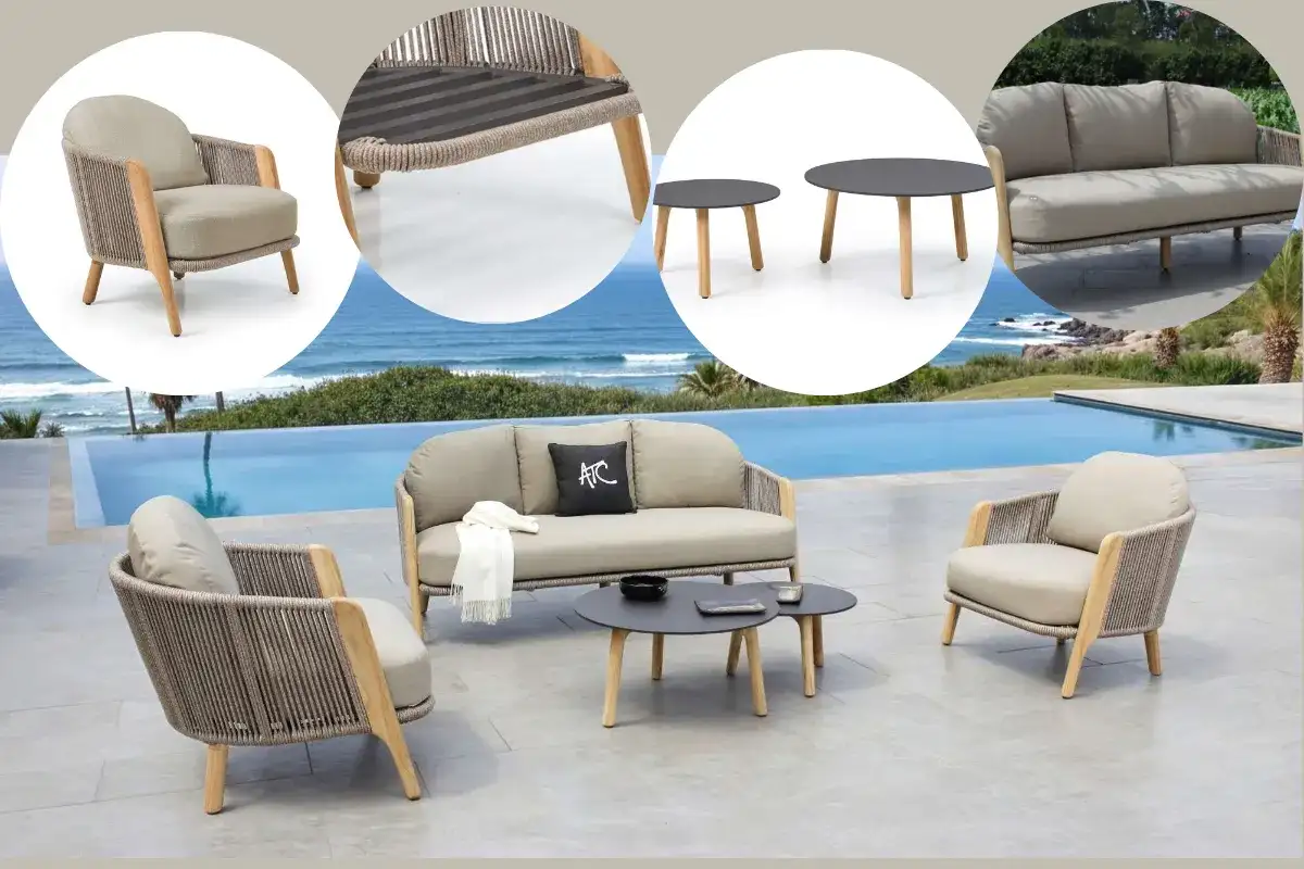 Cận cảnh chi tiết bộ sofa ngoài trời bằng gỗ, dây thừng và mặt bàn HPL
