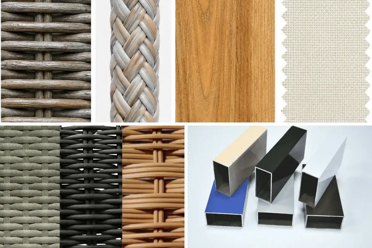 Các mẫu vật liệu bàn ghế ngoài trời gồm mây nhựa, dây đan, gỗ, vải và nhôm sơn tĩnh điện