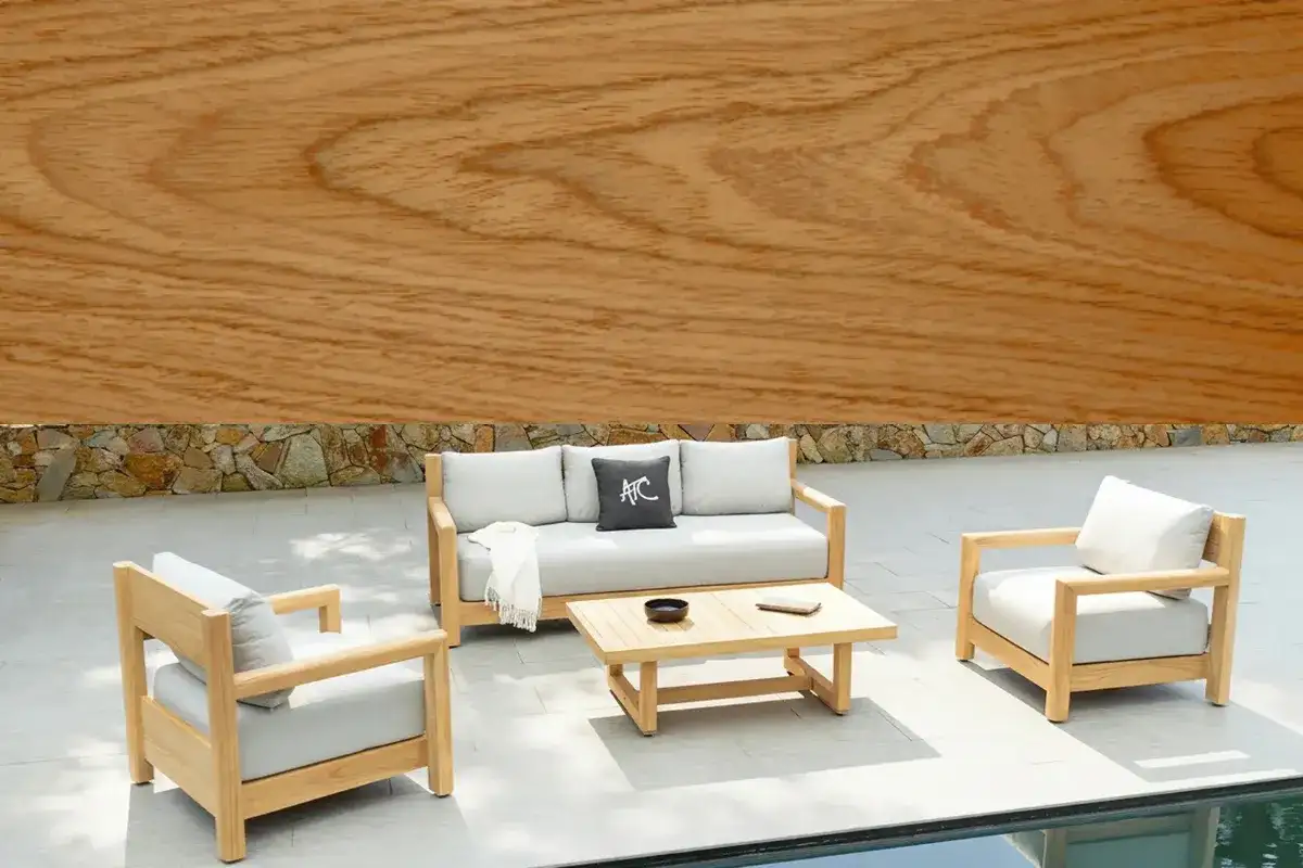 Vân gỗ teak và bộ sofa teak ngoài trời dành cho không gian khách sạn